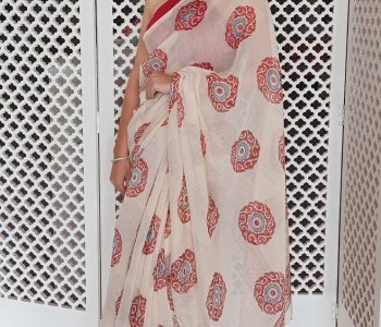white and red ajrakh print saree